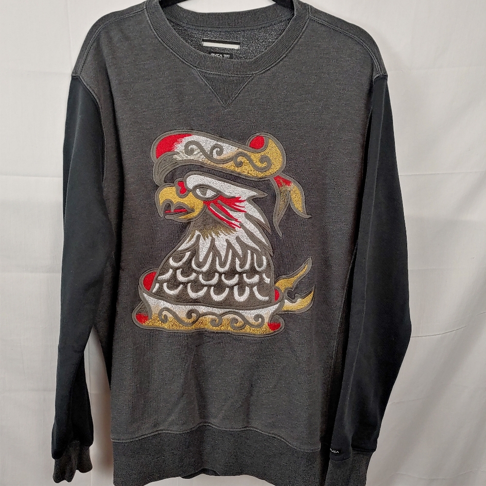 RVCA Men's Gray Krak Eagle Embroidered Crew Sweatshirt Large
